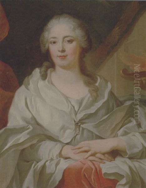 Portrait Of A Lady Wearing An Ivory Dress And Mantle With A Pearl Brooch, By A Draped Curtain And A Flaming Urn - view 1