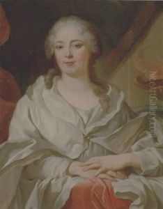 Portrait Of A Lady Wearing An Ivory Dress And Mantle With A Pearl Brooch, By A Draped Curtain And A Flaming Urn by Jean-Baptiste van Loo