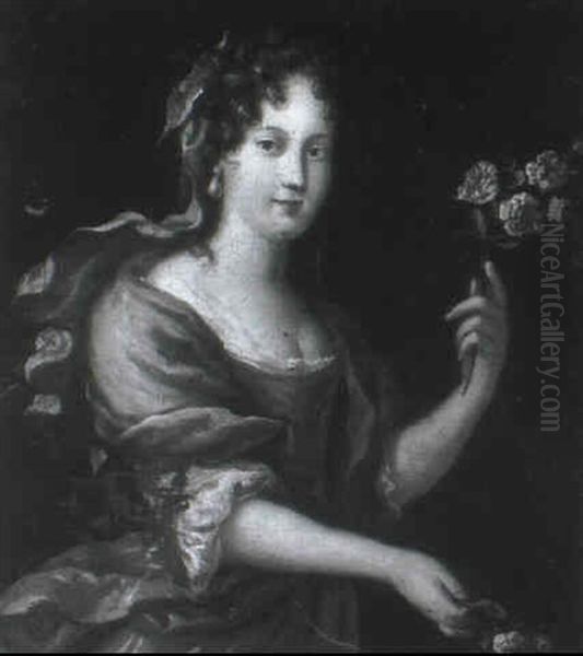 Portrait Of A Lady, Small Half-length, In Red Dress With A  Brown Wrap, Holding Roses - view 1