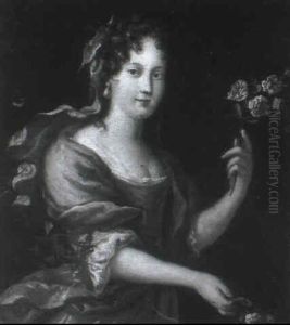 Portrait Of A Lady, Small Half-length, In Red Dress With A Brown Wrap, Holding Roses by Jean-Baptiste van Loo