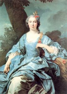 Portrait Of The Comtesse De Segouy As Ceres, Seated Three-  Quarter Length, Wearing A Blueand White Satin Dress, In A