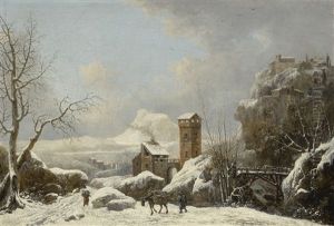 Snowy Landscape With Figures And A Packhorse In The Foreground Snowy Landscape With Figures And A Packhorse In The Foreground