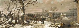 A Wooded Winter Landscape With Figures Chopping Wood Beside A Horse-drawn Cart With Skaters On A Frozen River, A Village Beyond by Jules Cesar Denis van Loo