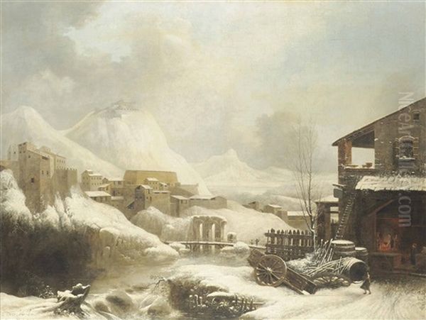A Frozen, Mountainous Winter Landscape, With A Forge In The Foreground - view 1