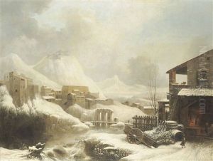 A Frozen, Mountainous Winter Landscape, With A Forge In The Foreground by Jules Cesar Denis van Loo