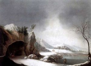 A Winter Landscape With Three Men Warming Themselves Beside A Fire In A Cave And Other Figures Beside A Lake A Winter Landscape With Three Men Warming Themselves Beside A Fire In A Cave And Other Figures Beside A Lake