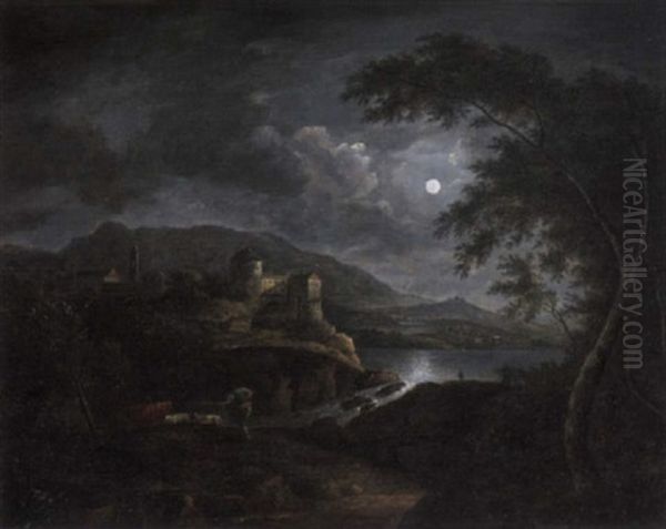 A Moonlit River Landscape With A Cowherd On A Rocky Path In The Foreground - view 1