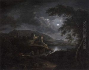 A Moonlit River Landscape With A Cowherd On A Rocky Path In The Foreground