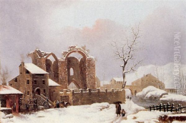 A Winter Landscape With Figures On A Path By A Ruined Church - view 1