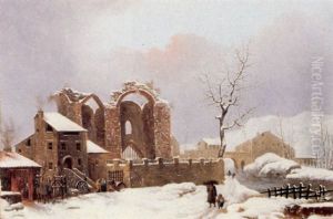 A Winter Landscape With Figures On A Path By A Ruined Church by Jules Cesar Denis van Loo