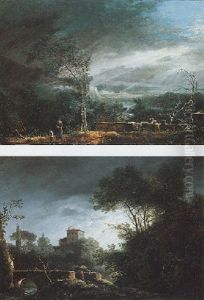 Southern Landscape With A Figure Crossing A Bridge At Dusk And Washerwomen Beneath A Lowering Sky Southern Landscape With A Figure Crossing A Bridge At Dusk And Washerwomen Beneath A Lowering Sky