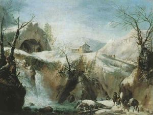 A Snowy Mountainous Winter Landscape With Travelers On A Path Beside A Waterfall by Jules Cesar Denis van Loo