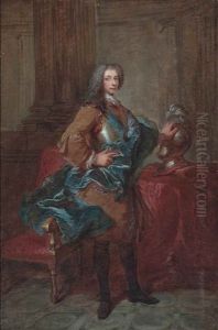 Portrait Of A Man, Small Full-length, In A Brown Coat, Breast Plate And Blue Wrap, Wearing The Order Of Saint-esprit, His Left Hand On His Plumed Helmet, In An Interior