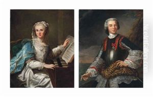 Portrait Of A Lady, Three-quarter-length, In A Lace-trimmed White Satin Dress And...; Portrait Of A Gentleman, Three-quarter-length, In Armour...(pair)