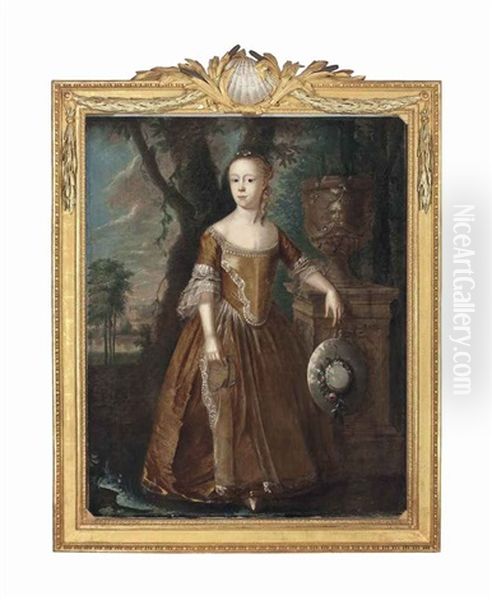 Portrait Of A Girl, Full-length, In A Gold Dress With Lace Trim, Her Left Arm Resting On A Plinth, In A Landscape - view 1