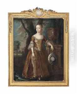 Portrait Of A Girl, Full-length, In A Gold Dress With Lace Trim, Her Left Arm Resting On A Plinth, In A Landscape by Louis Michel van Loo