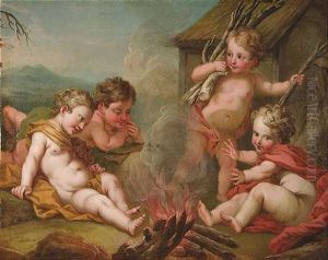 Vier Putten Warmen Sich An Einem Feuer: Allegorie Des Feuers