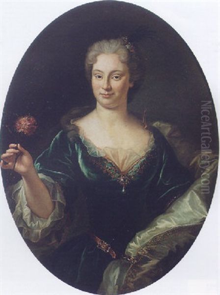 Portrait Of A Lady Wearing A Green Embroidered Dress, With An Ivory Mantle, Holding A Carnation - view 1