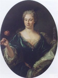 Portrait Of A Lady Wearing A Green Embroidered Dress, With An Ivory Mantle, Holding A Carnation by Louis Michel van Loo