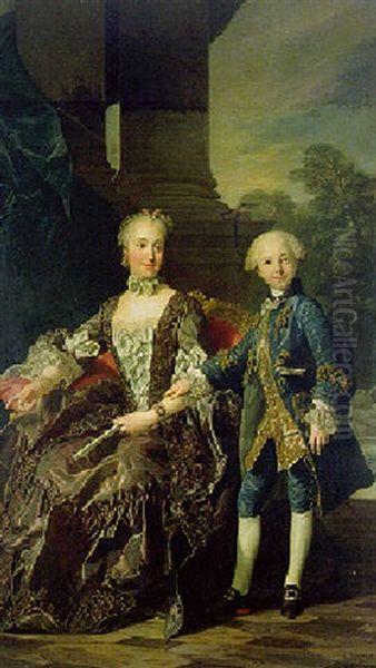 Portrait De La Duchesse De Choiseul Accompagnee De Son Fils Adoptif Claude Antoine Gabriel De Choiseul A L'age De Sept Ans - view 1