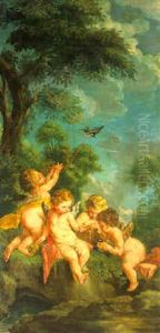Groupe D'amours Jouant Avec Des Oiseaux