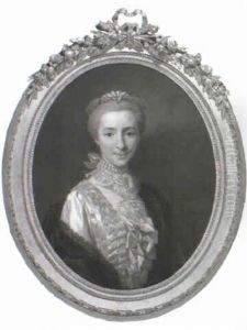 Portrait Of A Lady, Wearing A White Silk Dress, Black Shawl And Pearl Choker by Louis Michel van Loo