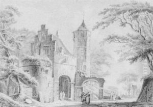 A Partially Ruined Castle Gathehouse, With A Tower Behind by Pieter van Loo