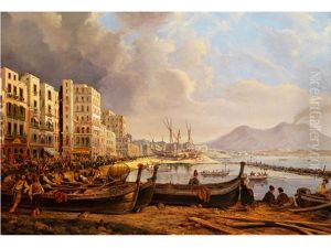 Die Marinella-kuste In Napoli Mit Hoher Hauserzeile Links Am Ufer, Rechs Ginten Der Rauchende Vesuv, Im Vordergrund Ans Ufer Gezogene Fischerboote