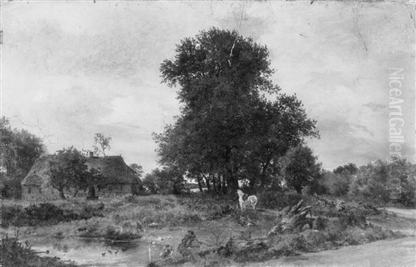 Heidehof Mit Einem Abgessenen Reiter Neben Einem Schimmel - view 1