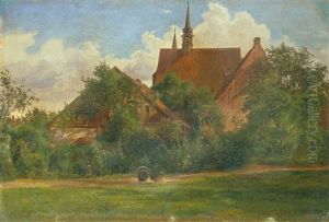 Zwei Truthahne Auf Einer Wiese Vor Einem Kloster by Friedrich Loos