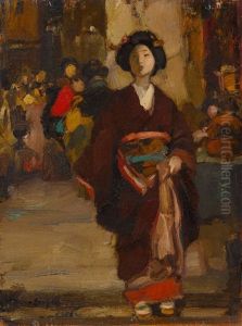 Japanerin In Traditioneller Gewandung Auf Dem Markt (+ Japanerin In Traditioneller Gewandung Bei Der Feldarbeit; 2 Works)