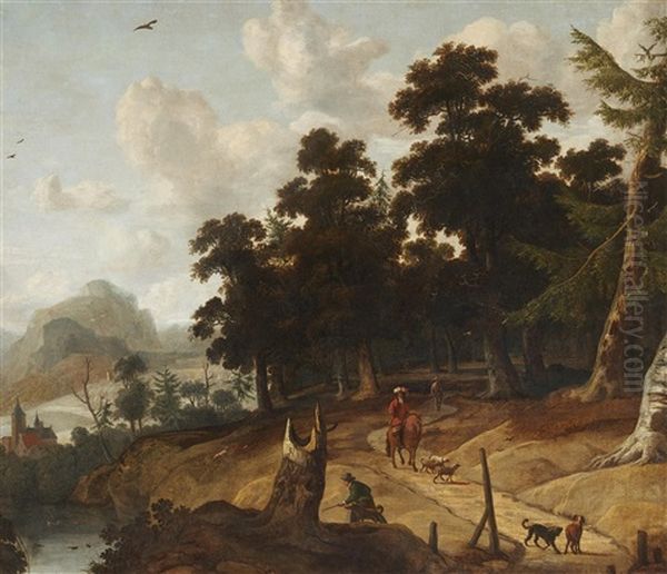 Wooded Landscape With Hunters And Horsemen - view 1
