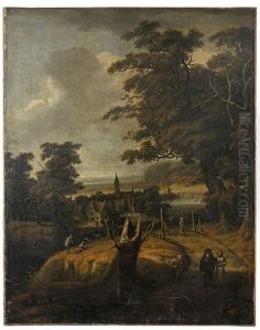 Wooded Landscape With Figures, A Village By A Lake In The Background