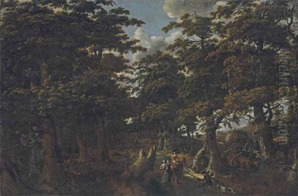 A Wooded Landscape With A Gentleman On Horseback, Two Elegantly Dressed Ladies And A Huntsman With His Dogs On A Path - view 1