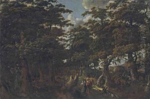 A Wooded Landscape With A Gentleman On Horseback, Two Elegantly Dressed Ladies And A Huntsman With His Dogs On A Path