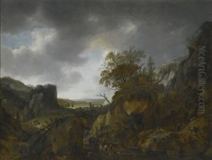 A Mountainous Landscape With Shepherds And Huntsmen