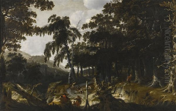 A Wooded Landscape With Travellers And Huntsmen On A Path - view 1