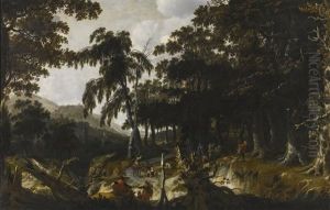 A Wooded Landscape With Travellers And Huntsmen On A Path A Wooded Landscape With Travellers And Huntsmen On A Path