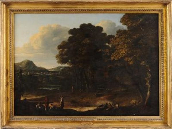 An Extensive Classical Landscape, Figures And Cattle At The Edge Of A Wood In The Foreground With A Distant View With A River And Town Beyond - view 1