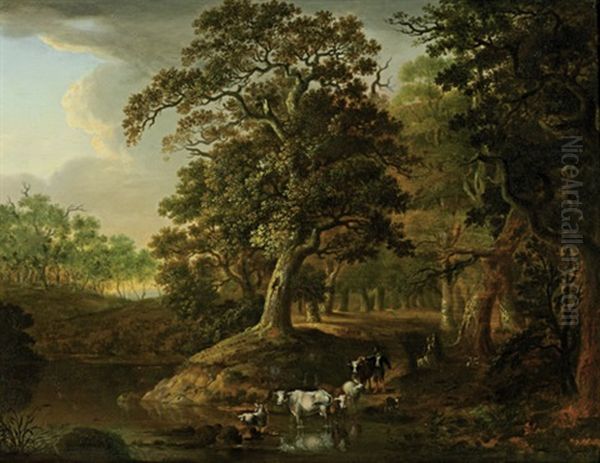 Waldige Landschaft Mit Rindern Und Schafen An Einer Furt - view 1