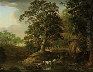 Waldige Landschaft Mit Rindern Und Schafen An Einer Furt Waldige Landschaft Mit Rindern Und Schafen An Einer Furt