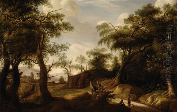 A Forest View With Figures And A City In The Background - view 1