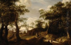 A Forest View With Figures And A City In The Background