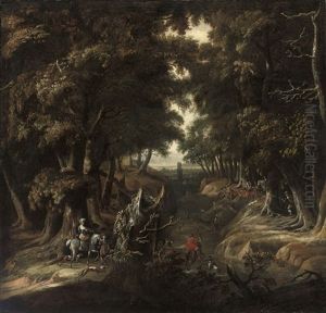 A Wooded River Landscape With An Elegant Hunting Party by Jan Looten