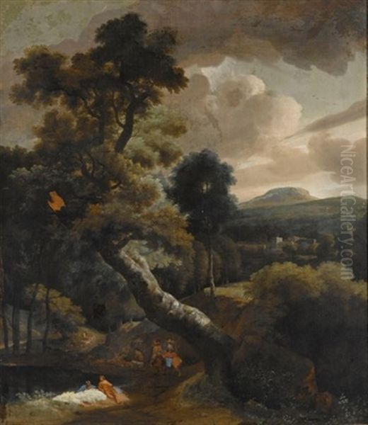 A Wooded River Landscape With Several Men Bathing, Travellers On A Path To The Left, A Fisherman In A Boat In The Foreground, A View Of A Town Beyond - view 1