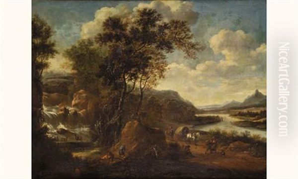 Paysage A La Cascade Et A La Riviere Anime De Promeneurs Et D'animaux - view 1