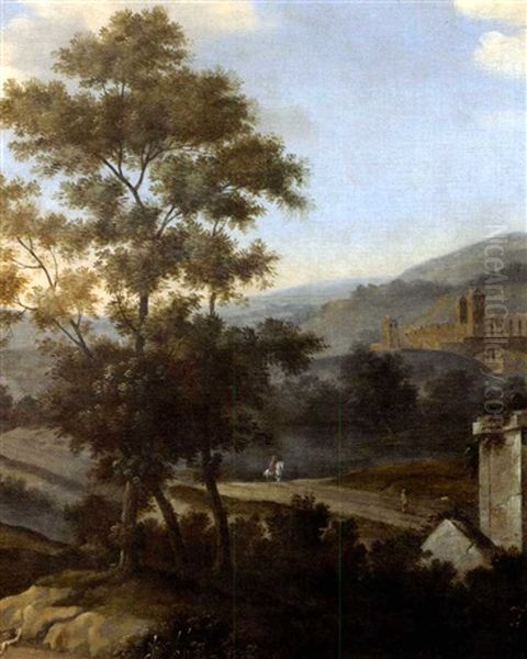 Paysage Avec Cavalier Faisant Route Vers Un Village Fortifiee - view 1