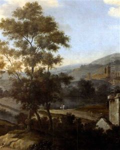 Paysage Avec Cavalier Faisant Route Vers Un Village Fortifiee