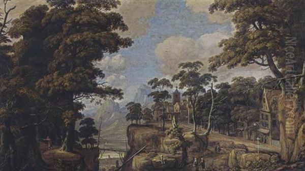 A Extensive Wooded Landscape With Huntsmen, Travellers Resting And Walking On Path, A City Nearby, And Mountains Beyond - view 1