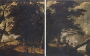 A Wooded Landscape With Travellers Conversing On A Hill, A Church Spire Beyond by Jan Looten